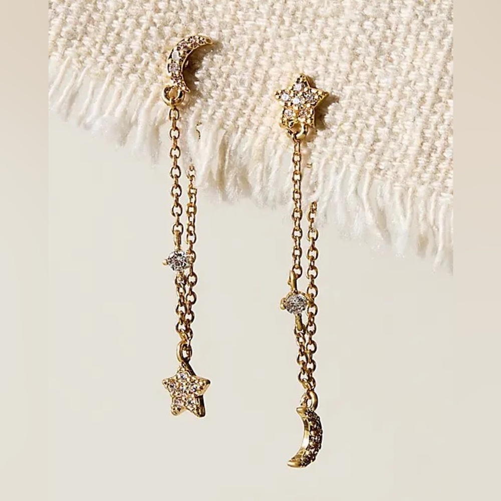 🌙 ⭐️ FREE PEOPLE Solar Eclipse Dangle Earrings Gold Star and Moon Rhinestones